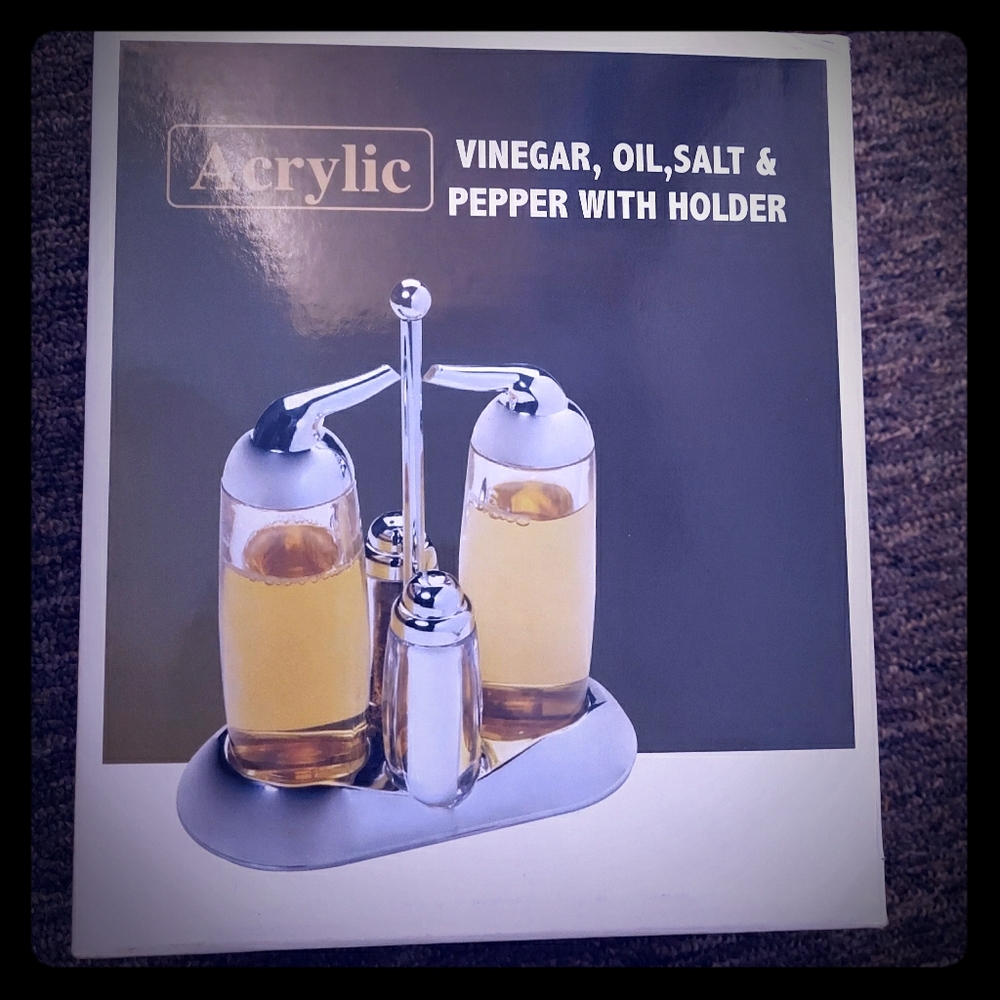 New vinegar, oil,salt, pepper with stand for sale